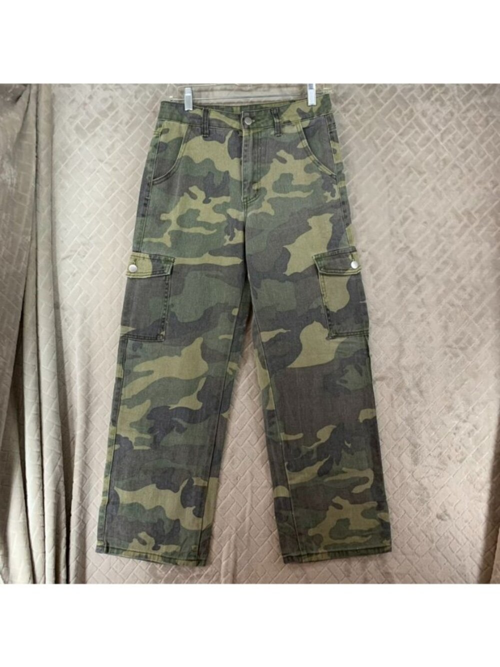 Shein Cargo Pants Womens Sp Army Green Camo Straight Leg 100% Cotton High Rise